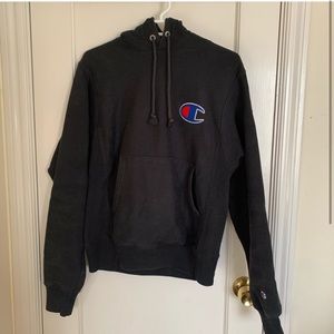 champion black reverse weave pullover hoodie big C